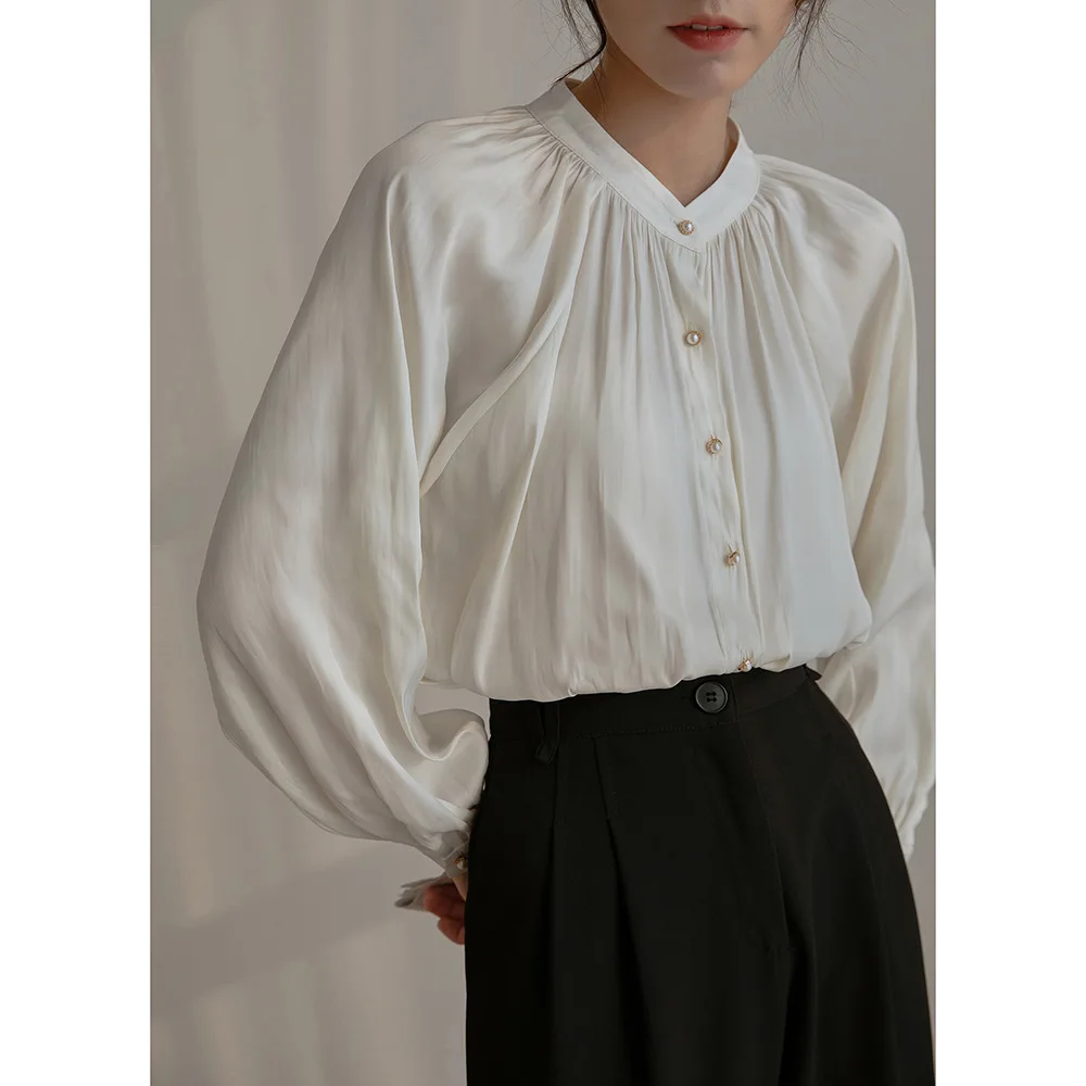 

Women's Blouse Acetic Acid Satin Shirt French Retro Stand Collar Lantern Sleeve Long Sleeve Blouse Elegant Top With Unique