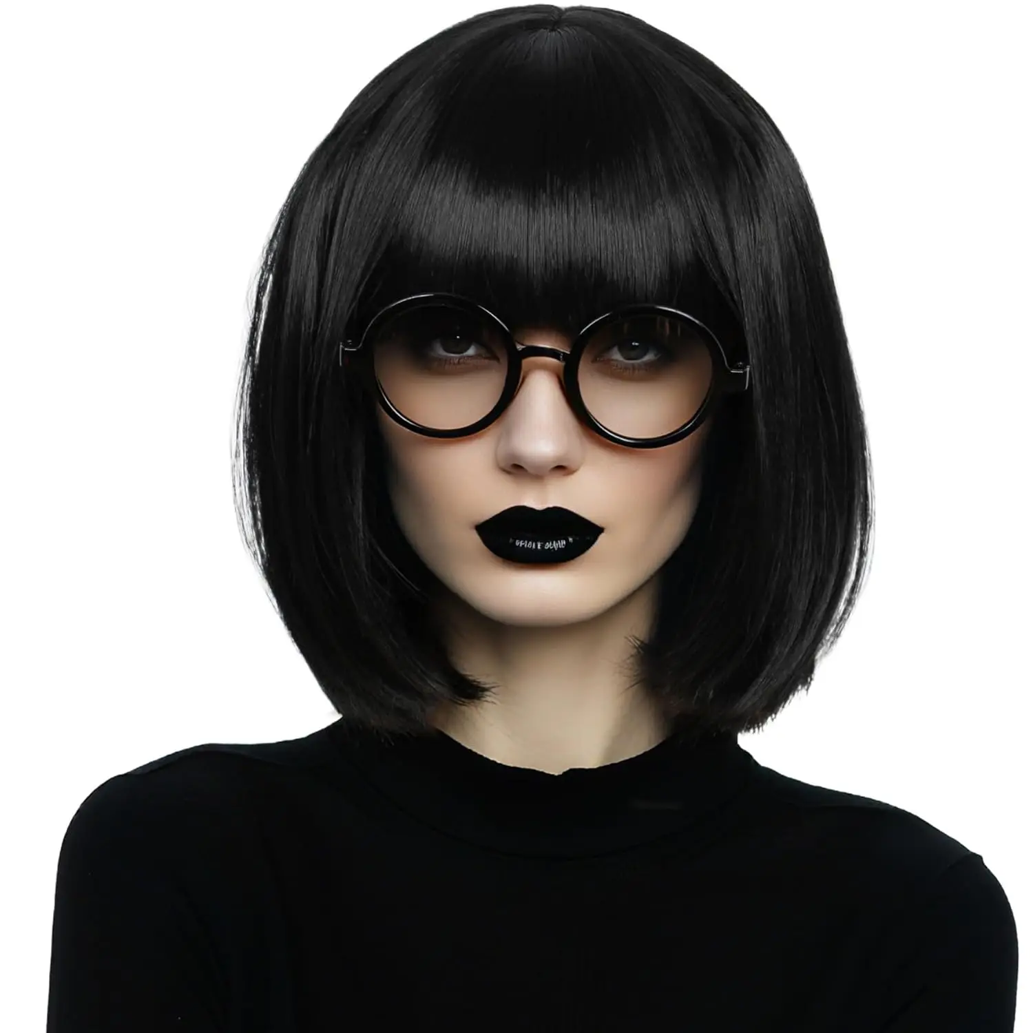 Short Black Bob Fluffy Wig Halloween Cosplay Costume Wig for Women with Glasses Frames
