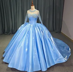 Shiny Sky Blue Princess Quinceanera Dresses with Long Sleeve Luxury Diamond Lace-up Corset vestido de 15 años quinceañera