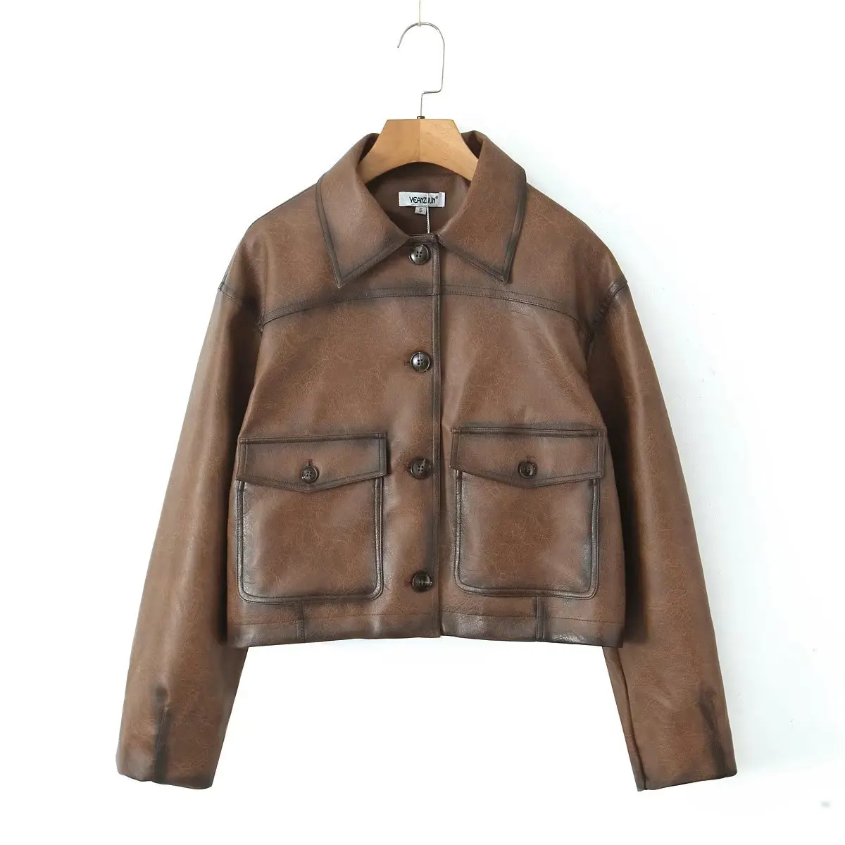 2023 Women Vintage Gradient Brown PU Leather Jacket Full Sleeve Single-breasted Button Coat Loose Short Outerwear American Retro