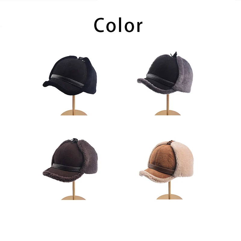 Winter Woolen And Sheepskin Thickness Bomber Hat For Men Outing Warming Eraproof Visor Hat Plush-lined Windproof Aviator Cap