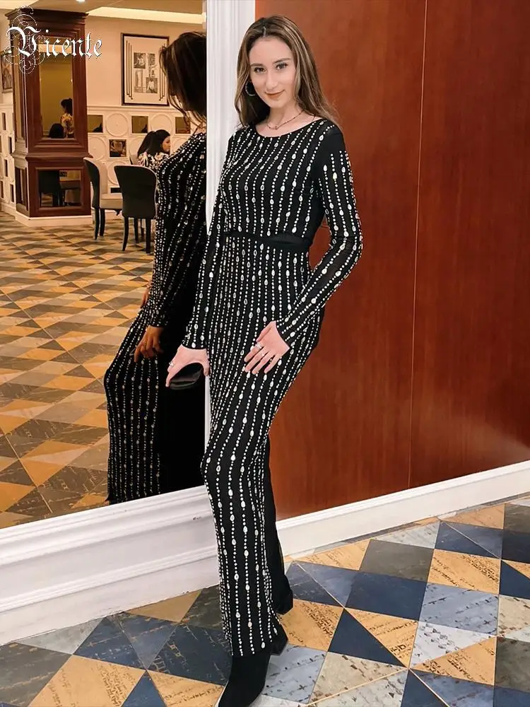 

VC Glamorous Black Two - Piece Set with Rhinestone Embellishments Long - Sleeve Crop Top & Maxi Skirt for Evening Parties