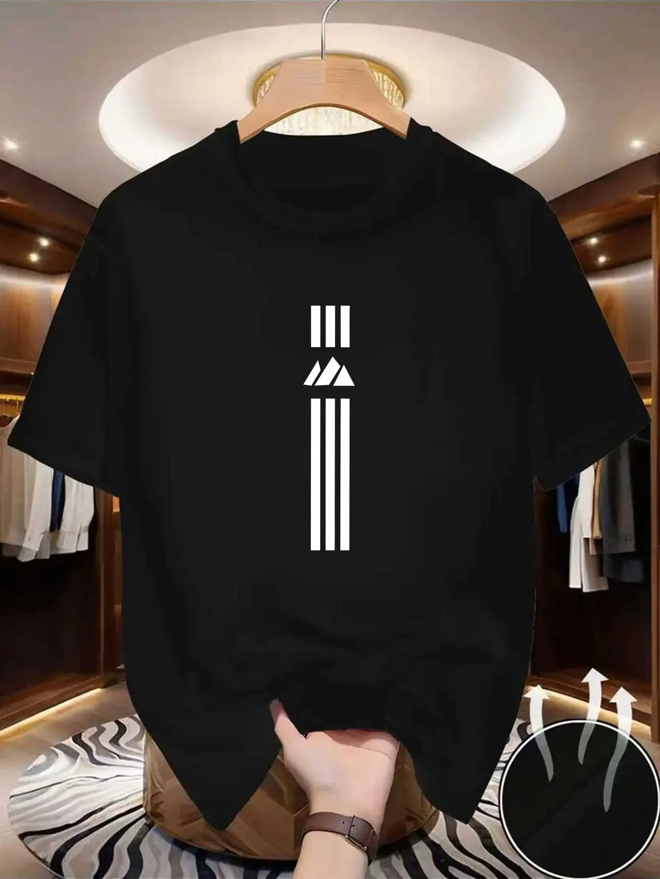 Mountain peak vertical stripe minimalist print short-sleeved T-shirt, breathable and skin-friendly, loose round-neck style.