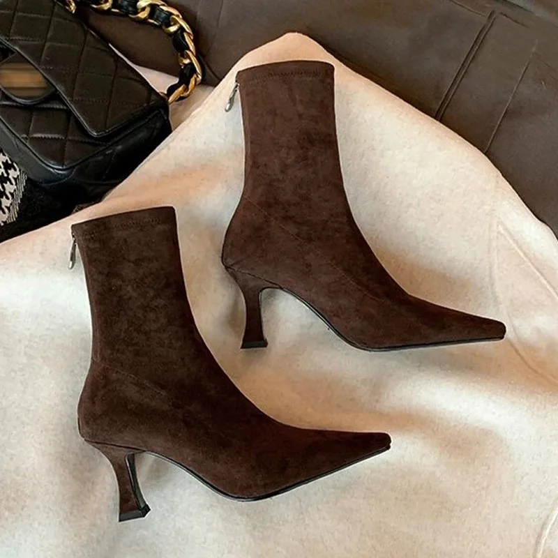

Vintage Women Ankle Boots Fashion Pointed Toe Shoes Spring Autumn High Heel Ladies Elegant Dress Stretch Slim Short Booties