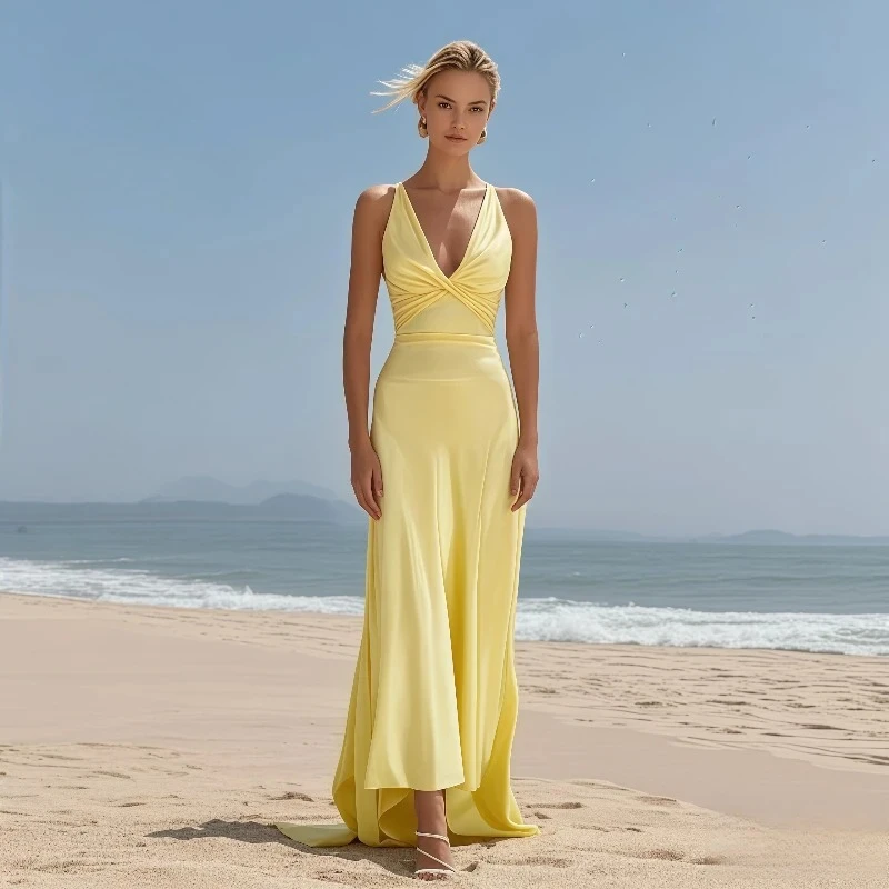 BWQ جديد 2025 فساتين نسائية صيفية عصرية ومثيرة على شكل حرف v وحزام متين بدون ظهر تنورة طويلة نحيفة من الساتان فساتين حفلات الشاطئ