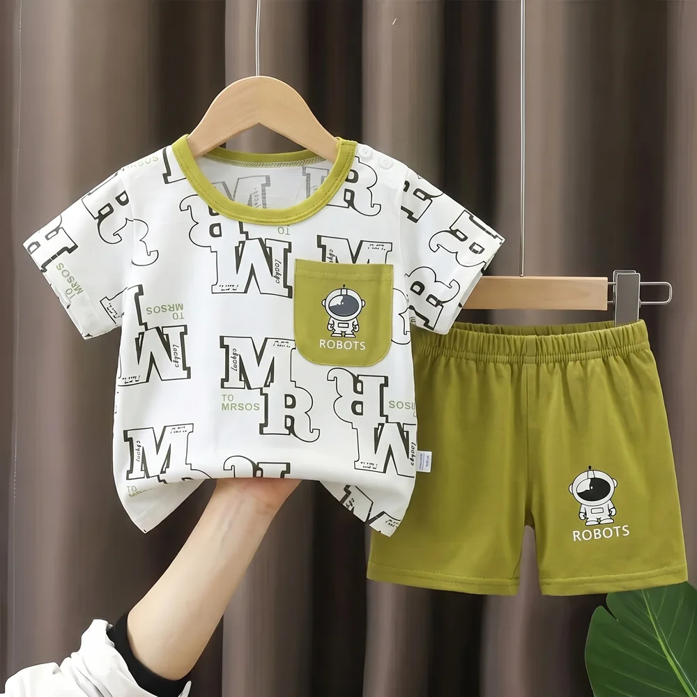 2PCS 2026 Summer Baby Boys Cotton T Shirt Shorts Two Piece Set Printed Kids Breathable Outdoor Outfits Boys Home Clothes Suit