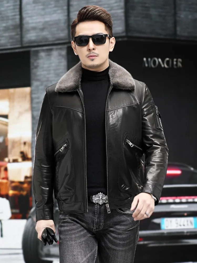 Winter Genuine Leather Mens Down Coat Mink Fur Collar Fashion Motorcycle Short Jacket Male Punk Sheepskin Outerwear Size 5XL