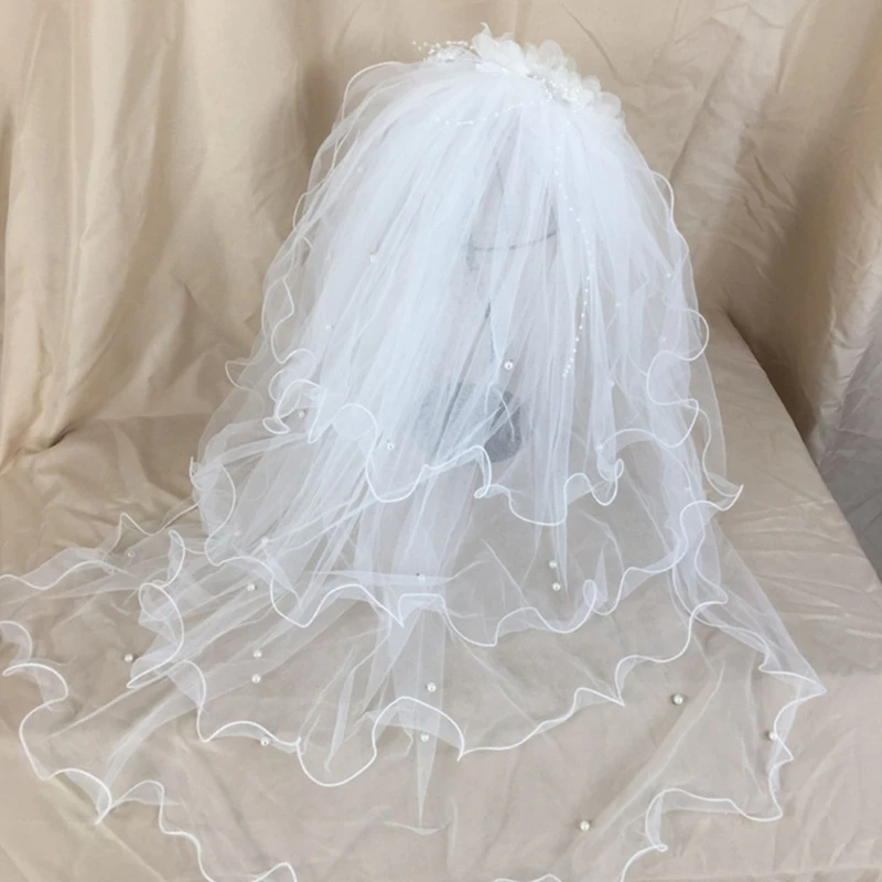 

4 Layers Imitation Pearl Beading Soft Tulle Short Wedding Veil Romantic Vintage Artificial Flower Women Bridal Hair with