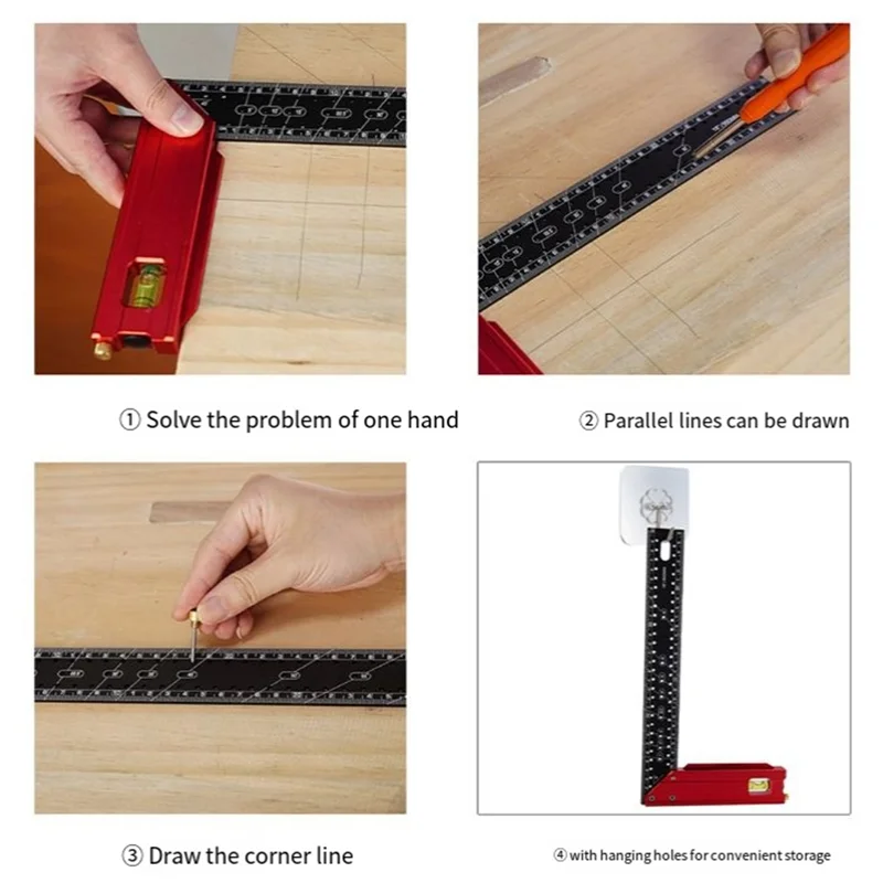 AB47-New High-Precision Aluminum Alloy Multi-Function 90 Degree Woodworking Square Combination Square Hole Ruler
