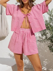 Women Plaid Pajama Sets Tie Front Short Sleeve T-Shirt Shorts Vacation Clothes Set Lounge Wear