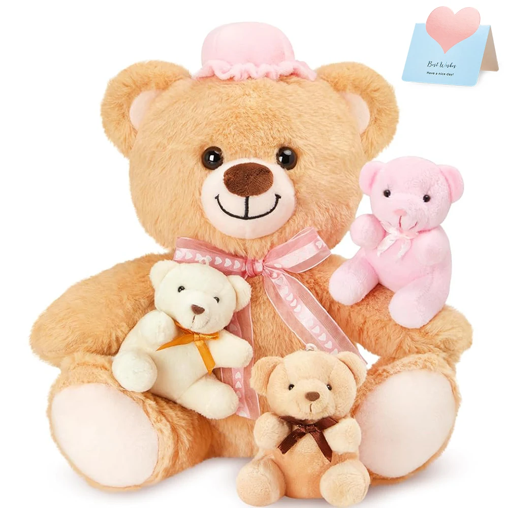 

4pcs Bear Stuffed Animal Mother and Child Plush Toy Realistic Soft Loving Accompanying Cute 3 Bear Baby Doll Toys Children Gift