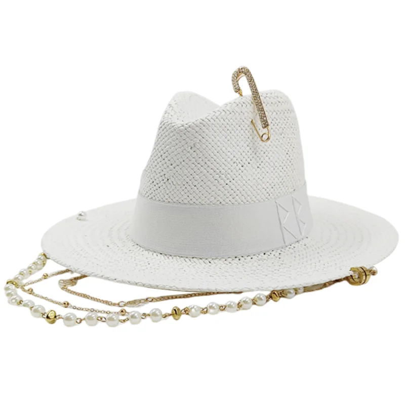 RB straw hat white pearl tassel series summer women's hat beach hat women's summer jazz hat trendy Panama straw hat