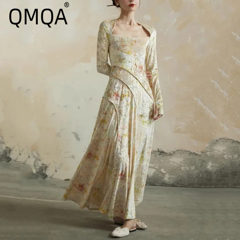 QMQA Fashion Women's Color Blocking Floral Printing Dresses Square Collar Long Sleeve High Waist Elegant Dress Female New 1A539