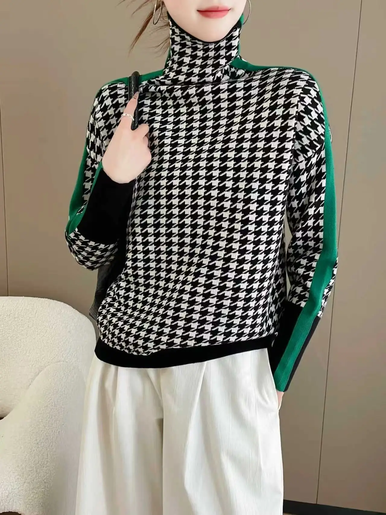 

Y2K High Collar Sweater Women Stripe Splicing Loose Knit Lazy Style Outerwear Autumn Winter