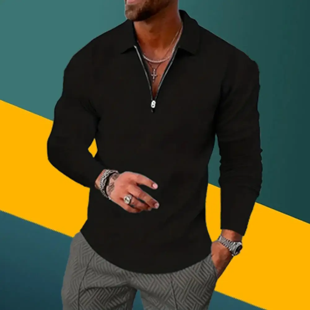 

Men Slim Fit Shirt Mid Length Men Top Soft Breathable Men's V-neck Pullover Stylish Lapel Design Slim Fit for Business Casual