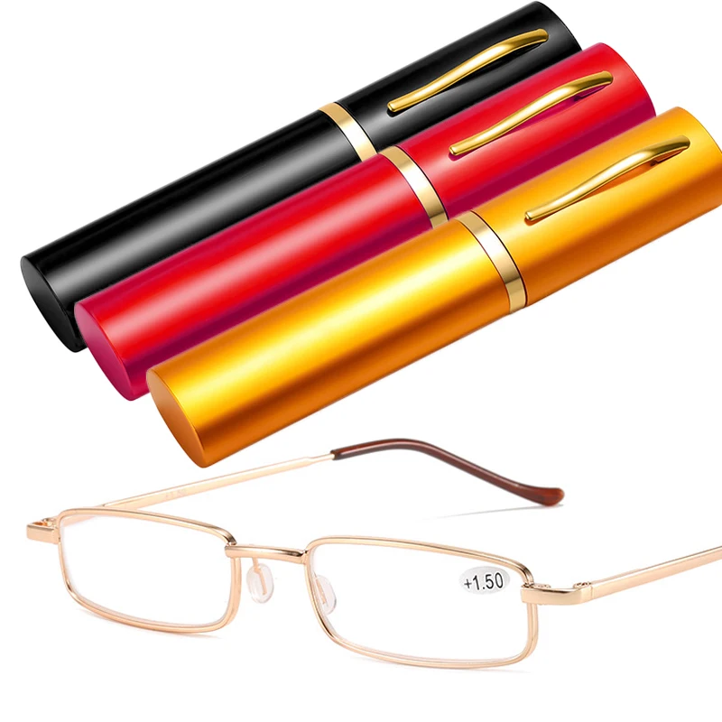 

Portable Reading Glasses With Pen Tube Case Women Men Metal Frame Farsight Eyeglasses Eyewear Diopters +1.0 +1.5 +2.0 +2.5 +4.0