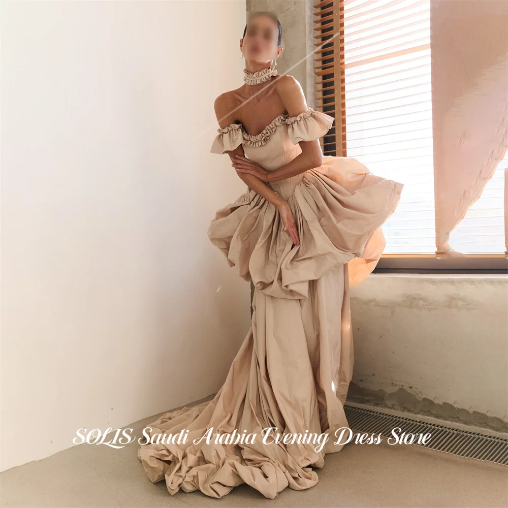 SOLIS Nude Off Shoulder Ruffled Sweetheart Prom Gown Corset Choker Satin Evening Dress Elegant Party Dress With Train Customized view 3