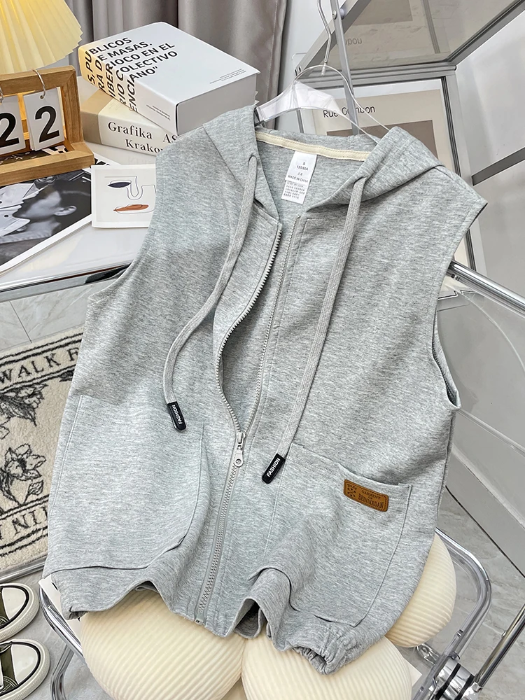 Korean Chic Hooded Zipper Vest Women's Spring Autumn Loose Versatile Sleeveless Shoulder Pad Jacket Trendy Commute Style Poly...