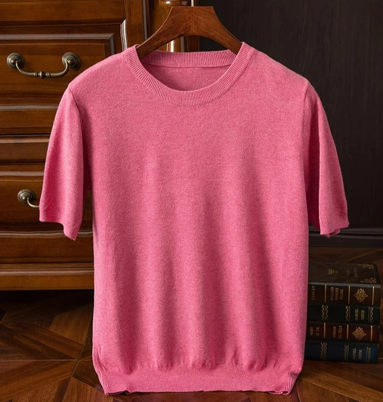 

Wool knitted short-sleeved loose crew neck sweater simple half-sleeved casual T-shirt vest solid color business bottoming shirt
