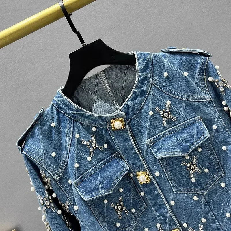 

Heavy Work Beaded Diamond Plaid Women Blue Short Jeans Jacket Spring O-neck Single-breasted Long Sleeve Denim Jacket Streetwear