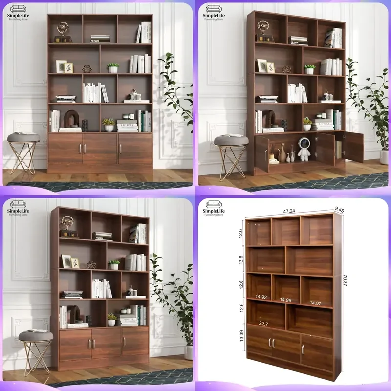 Modern 70.87 Inch Tall 10 Cube Bookshelf with 3 Doors 4 Shelves Open Storage Organizer for Living Room Office Bedroom Home