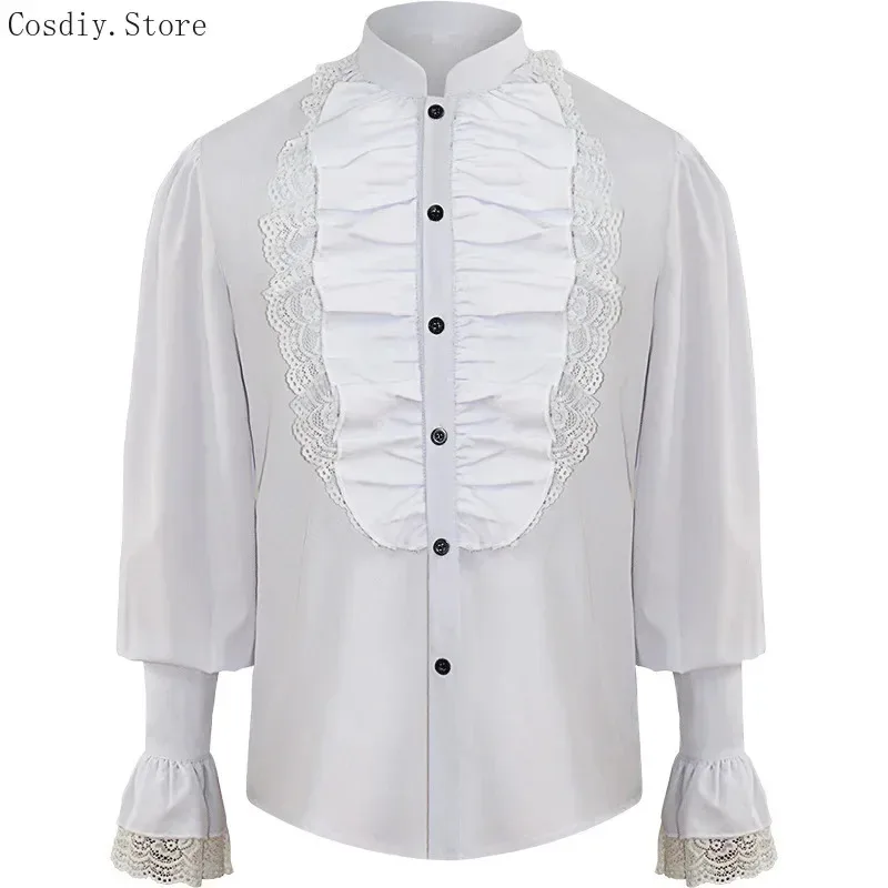 Nuevo 2025 camisa gótica Punk blusa con volantes de encaje disfraz de vampiro pirata de Halloween para hombre Victoria Jabot Tops renacentistas ★ ★ ★   jj.