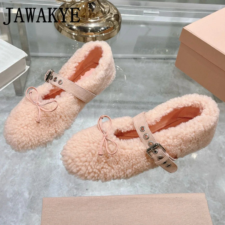 

2024 Autumn Winter Wool Leather Ballet Flats Shoes for Woman Round Toe Buckle Strap Casual Rome Loafers Shoes Dress Shoes Mujer