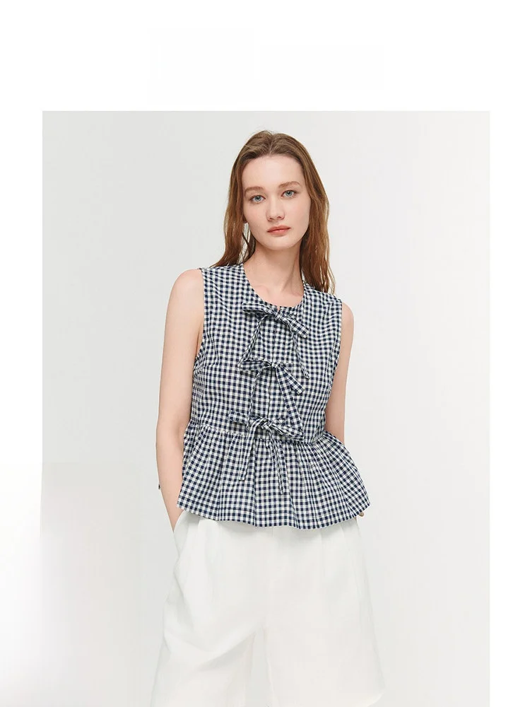 

Женский укороченный топ-жилет из чистого хлопка в клетку с поясом и узлом, дизайнерская модель, верхняя одежда для повседневной носки
