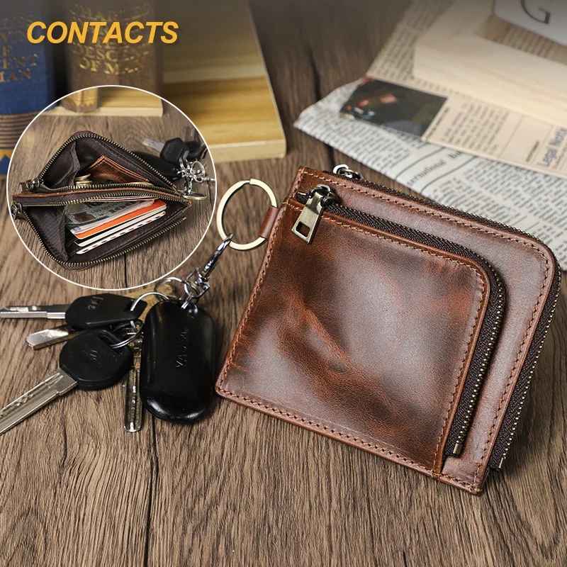 

HTS-M1364 Full Grain Cowhide Mini Retro Casual Card Holder RFID Anti Tape Airtag Real Pickup Bag