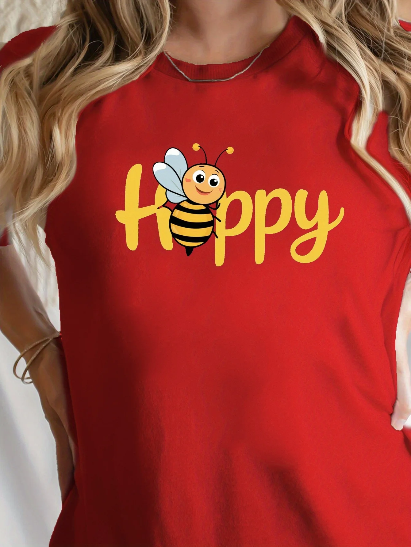 2026 Cute Happy Letter Joyful Bee Pattern Printed Summer Casual Women's Short Sleeve Round Neck T-shirt Daily Top Women's Tee