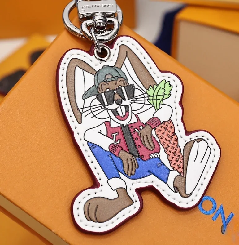 

Rabbit bag decoration and keychain embossed leather present a quirky cartoon rabbit image