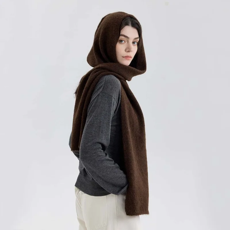New High Quality Solid Hooded Scarf Ladies Neck Warm Muffler Winter Women Stylish Soft Wool Blend Feel Shawl Female Knitted Wrap