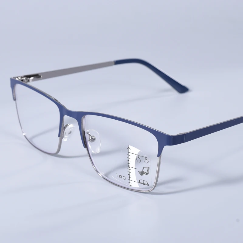 Blaue Fassung, multifokale Gleitsicht-Lesebrille für Herren und Damen, Anti-Blaustrahl-UV-Schutz, Hyperopie-Brille, Vollrahmen für Herren +125+175