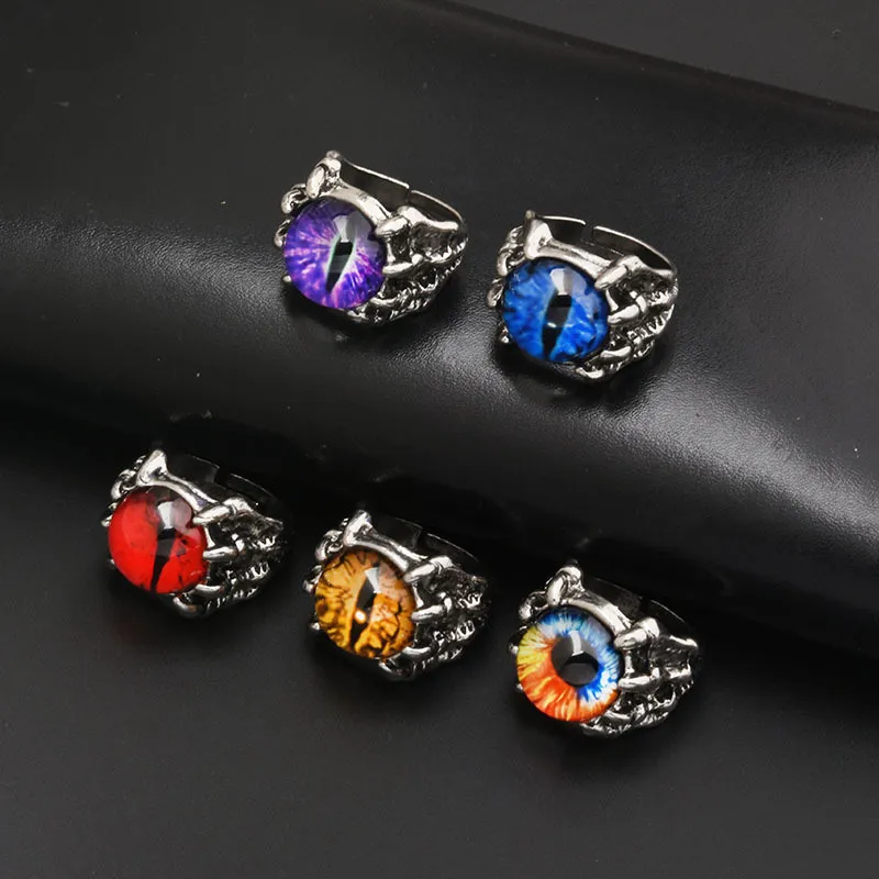 Vintage Gothic Men\'s Punk Colorful Evil Eye Rings For Men Women Fashion Demon Dragon Claw Ring Biżuteria męska Akcesoria Prezenty