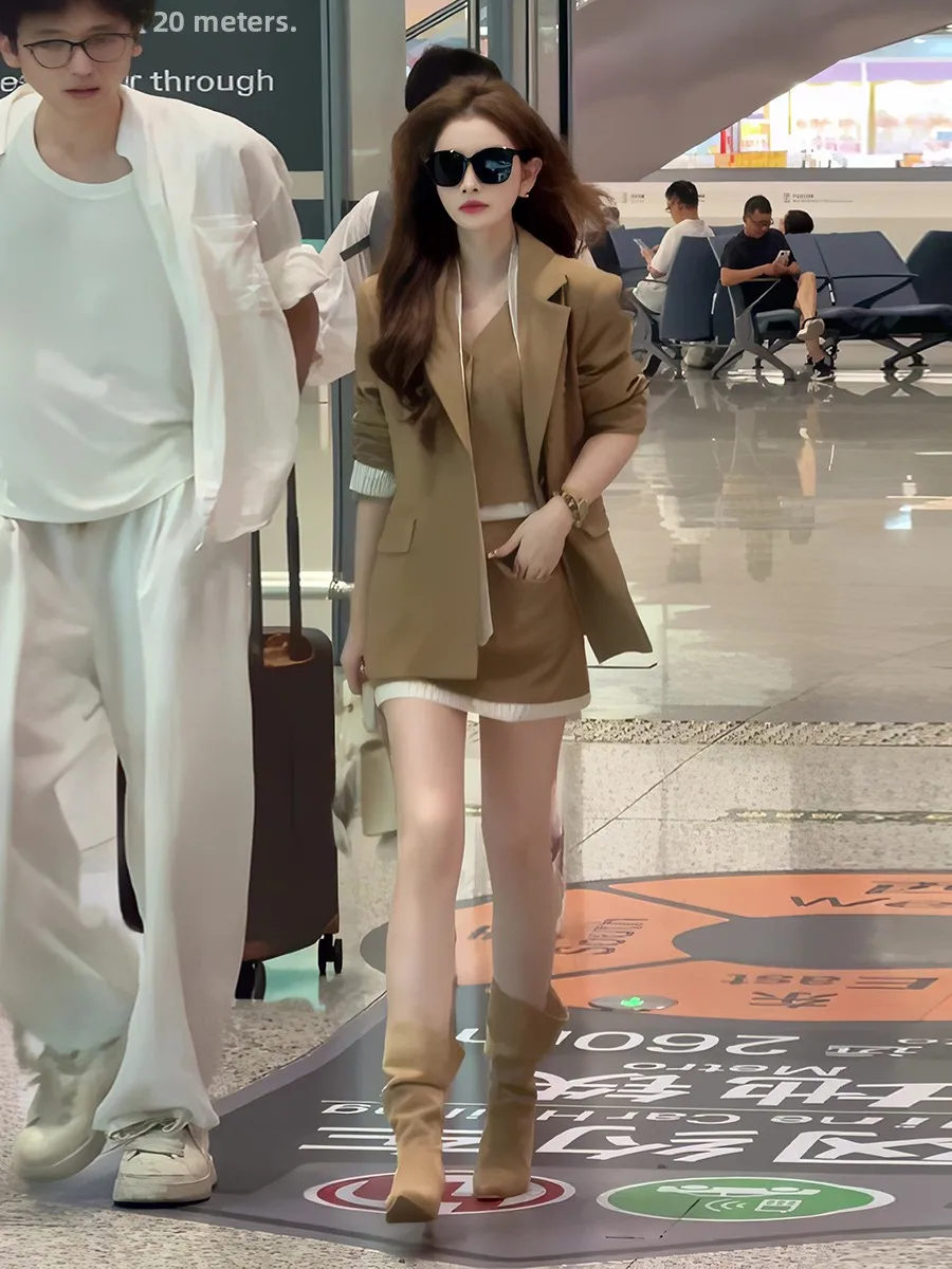 

Women's Plaid Patchwork Suit Jacket V-Neck Single Button Vest Set Autumn New Color Block Skirt Three-Piece Set Fashion