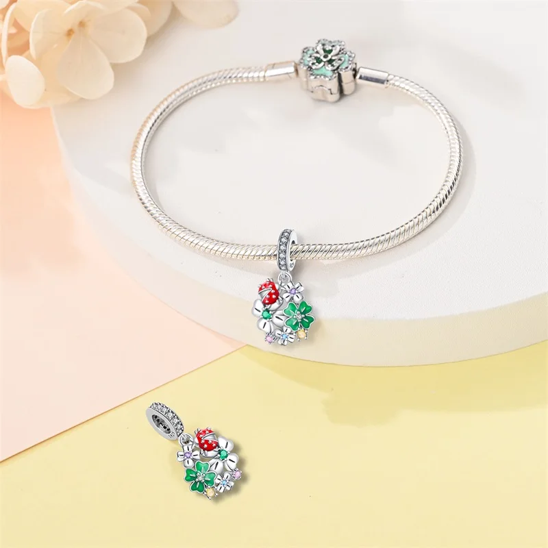 925 Sterling Silver Creative Animal Lucky Clover Charms Pendant Fit Original Bracelet DIY Women Fine Birthday Party Jewelry Gift