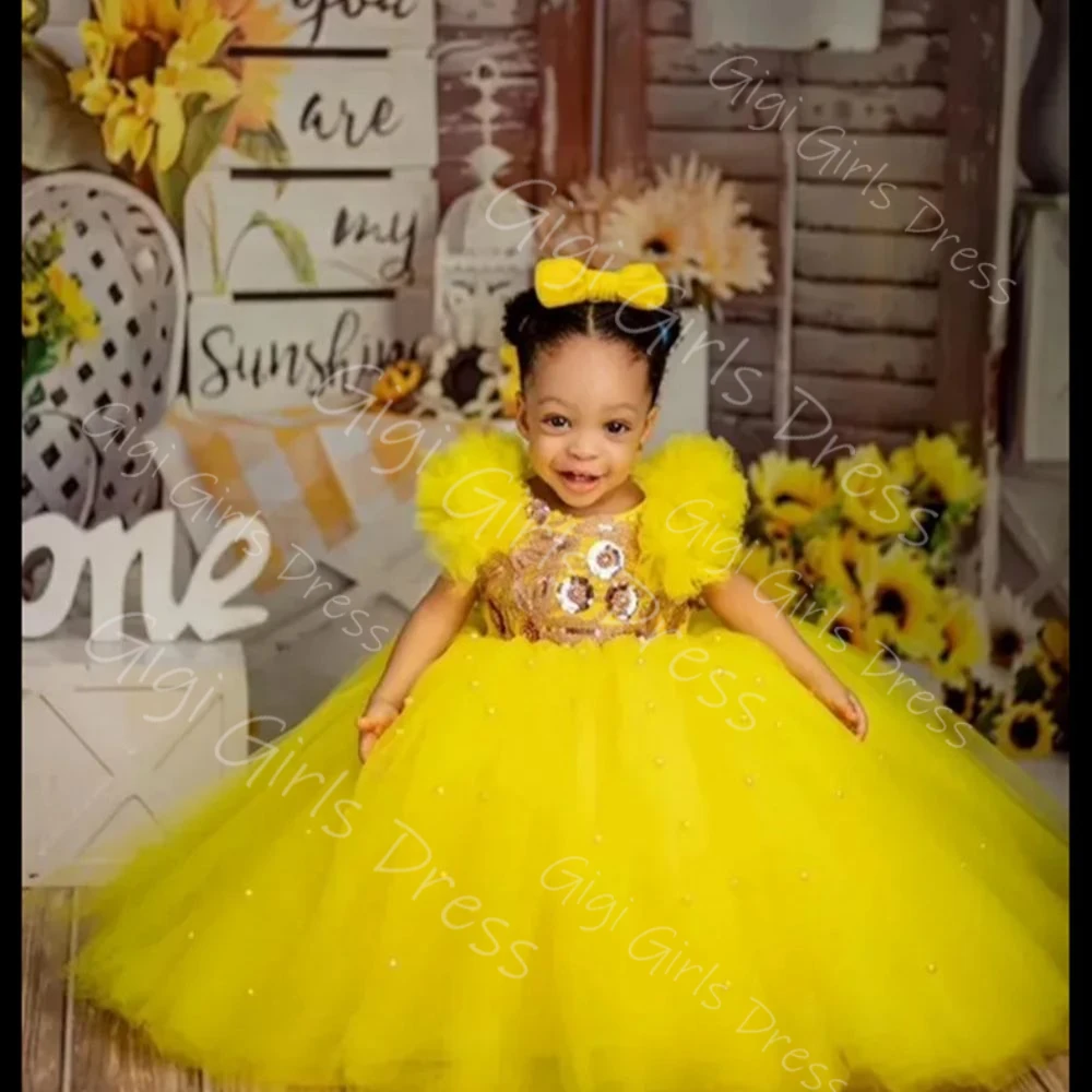 فستان فتاة الزهور الصفراء لحفلات الزفاف بدون أكتاف مزين بالترتر من التول فستان الأميرة مخصص لحفلات أعياد ميلاد الأطفال #3
