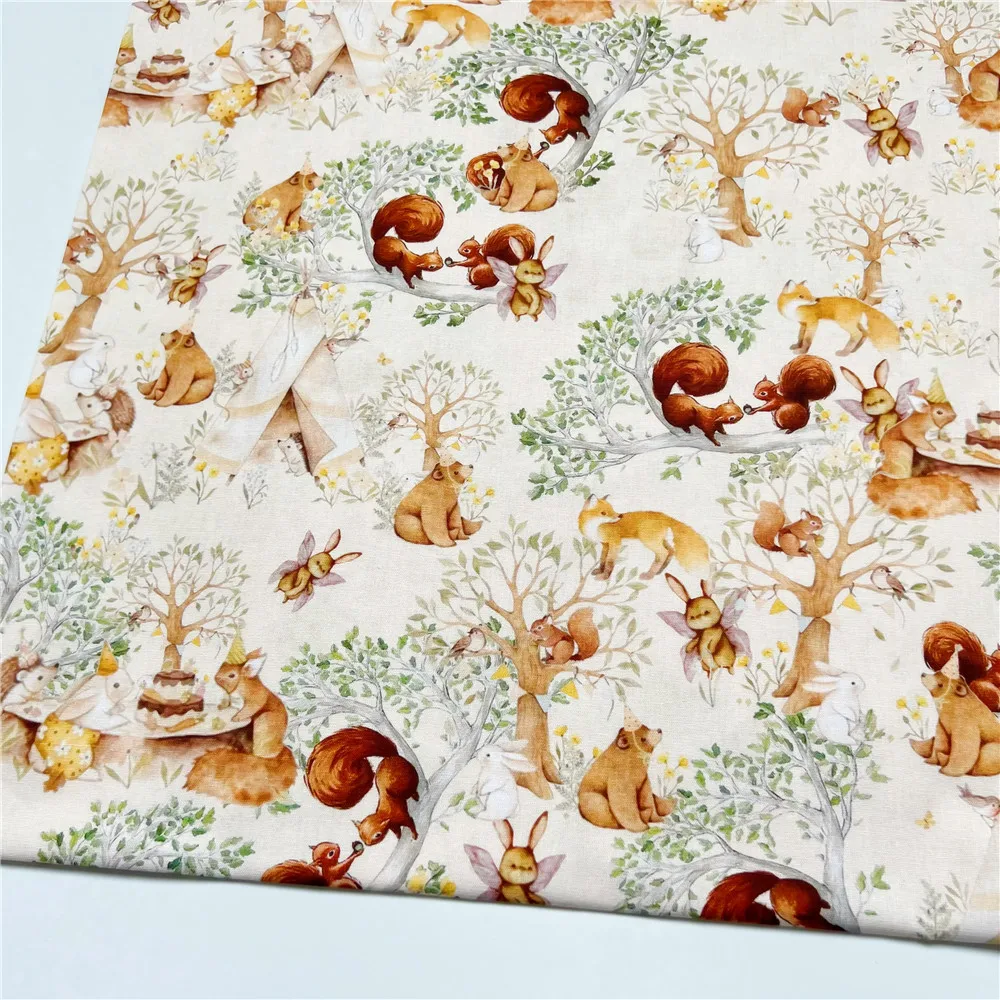 Forest Animal Squirrel Cotton Fabric for Tissue Sewing Quilting Fabric Needlework Material DIY Handmade Craft