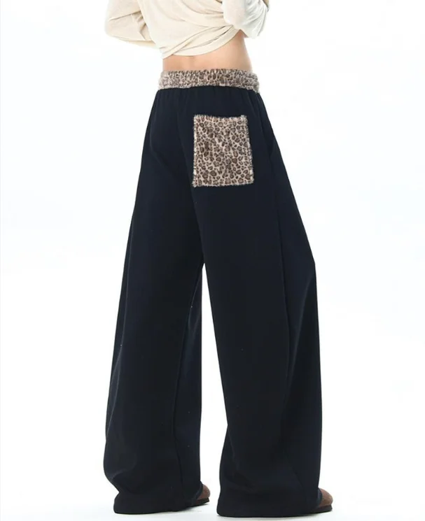 American Leopard Print Patchwork Embroidered Wide-leg Unisex Streetwear Sporty Cool Loose-fitting Autumn Fashion Pants Gothic