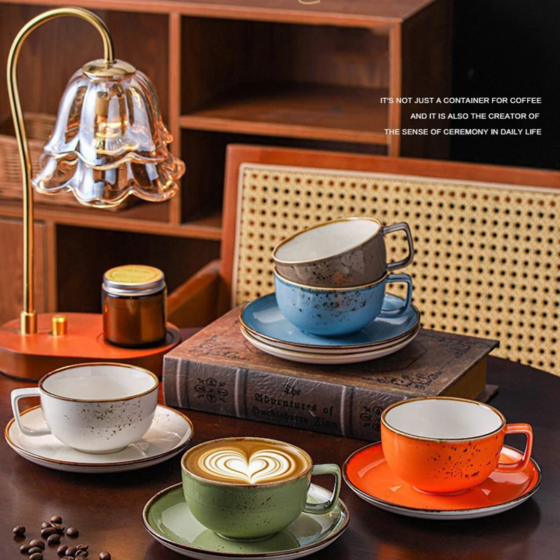 250ml Large Capacity Coffee Cup Dish Spray Color Splashing Ink Design Latte Cup Sets Vintage Wide Mouth Milk Tea Cups Plate