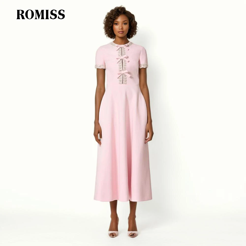 ROMISS Patchwork Bowknot Elegant Dresses For Women Round Neck Short Sleeve High Waist Spliced Diamonds Slimming Dress Female