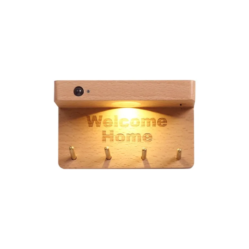 ‌Smart Motion-Sensor Entry Light, Solid Wood Key Holder with Tray, Cordless Magnetic Wall Lamp, Modern No-Drill Decorative Shelf