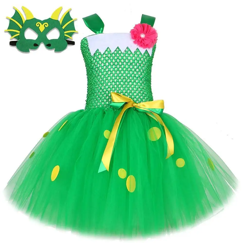 Grünes Dinosaurier-Tutu-Kleid für Mädchen, Drachen-Halloween-Kostüm, Kinder-Karnevalsparty-Tüll-Outfit mit Maske und Flügeln – Detail 11