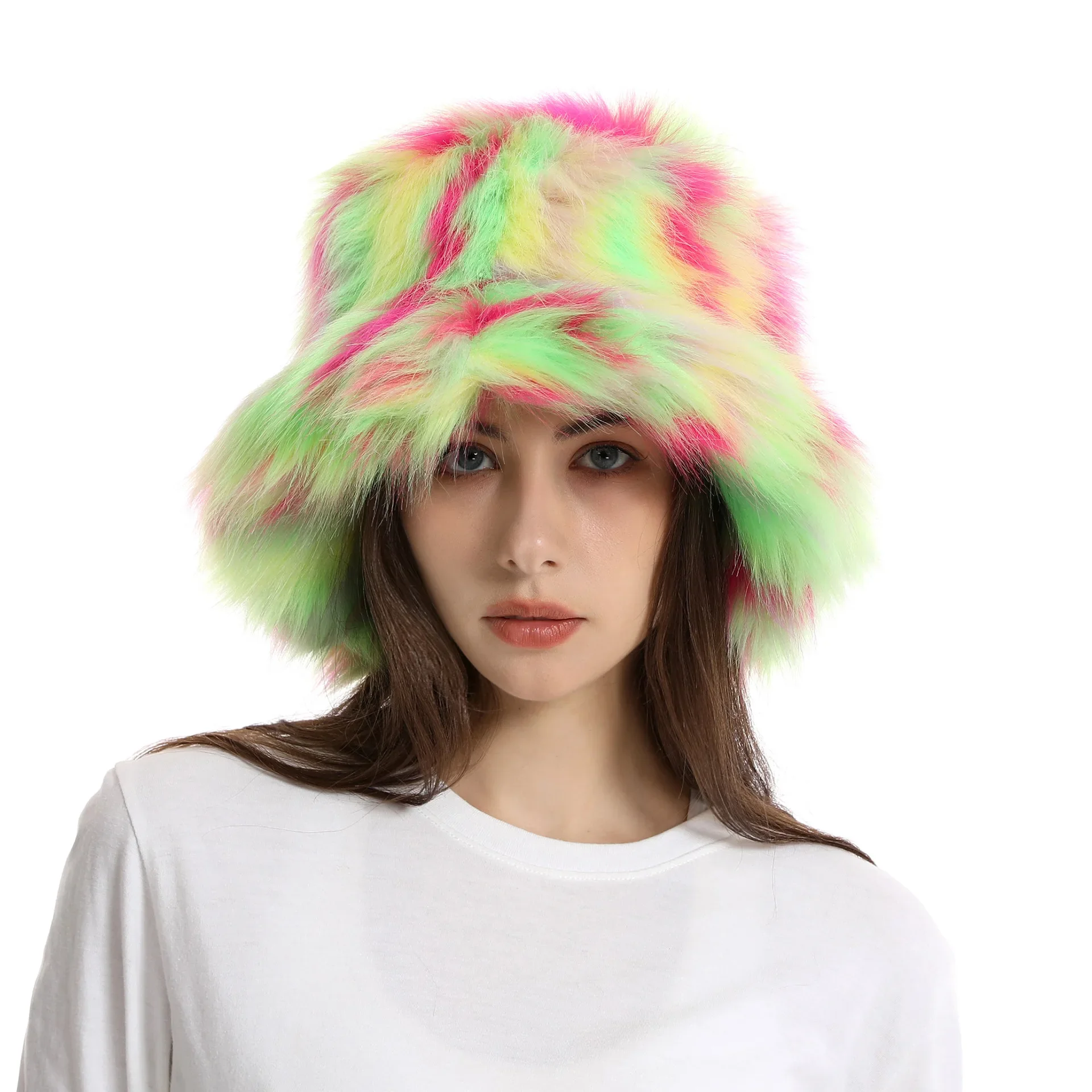 Y2K Gothic Girl Autumn Winter Hats for Women Rainbow Faux Fur Cap Female Party Music Festival Thickened Bucket Basin Hat Bonnet