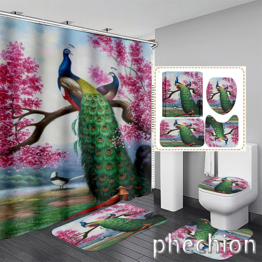 New 3D Print Animal Peacock Shower Curtain Waterproof Bathroom Curtain Anti-slip Bath Mat Set Toilet Rugs Carpet VR60