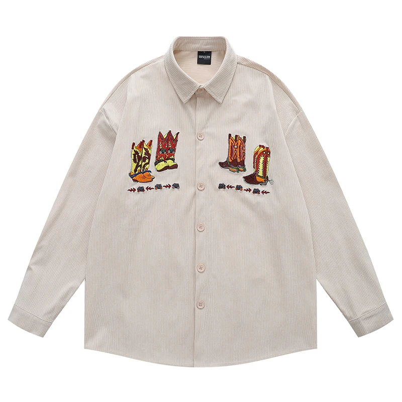 

Мужская вельветовая рубашка, ковбойские сапоги с вышивкой, винтажная свободная блузка в западном стиле с длинным рукавом, повседневная блузка большого размера с воротником, верхняя одежда