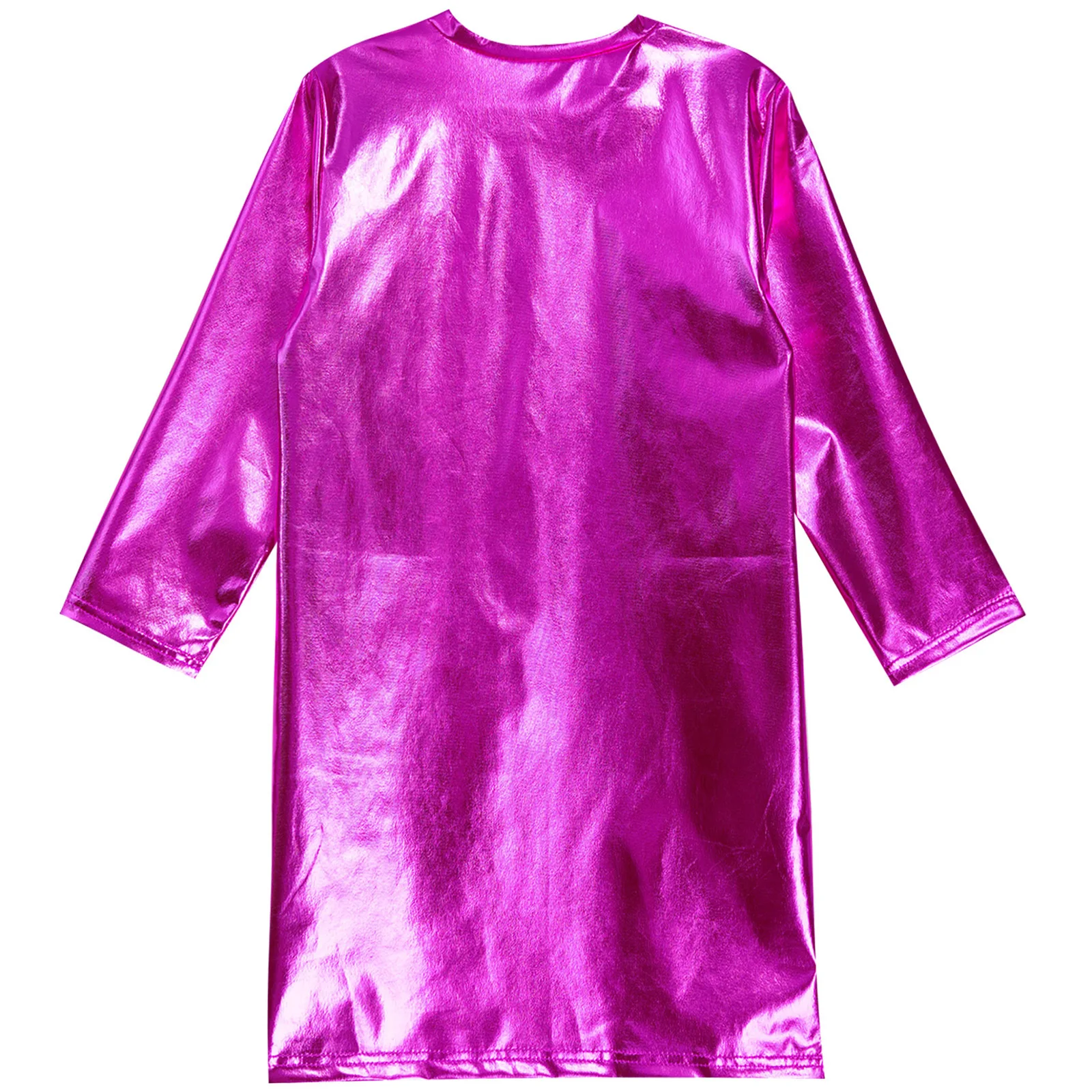 Kids Girls Dance T-shirt Tops Performance Costume Round Neck Long Sleeves Metallic Shiny T-shirt Dress