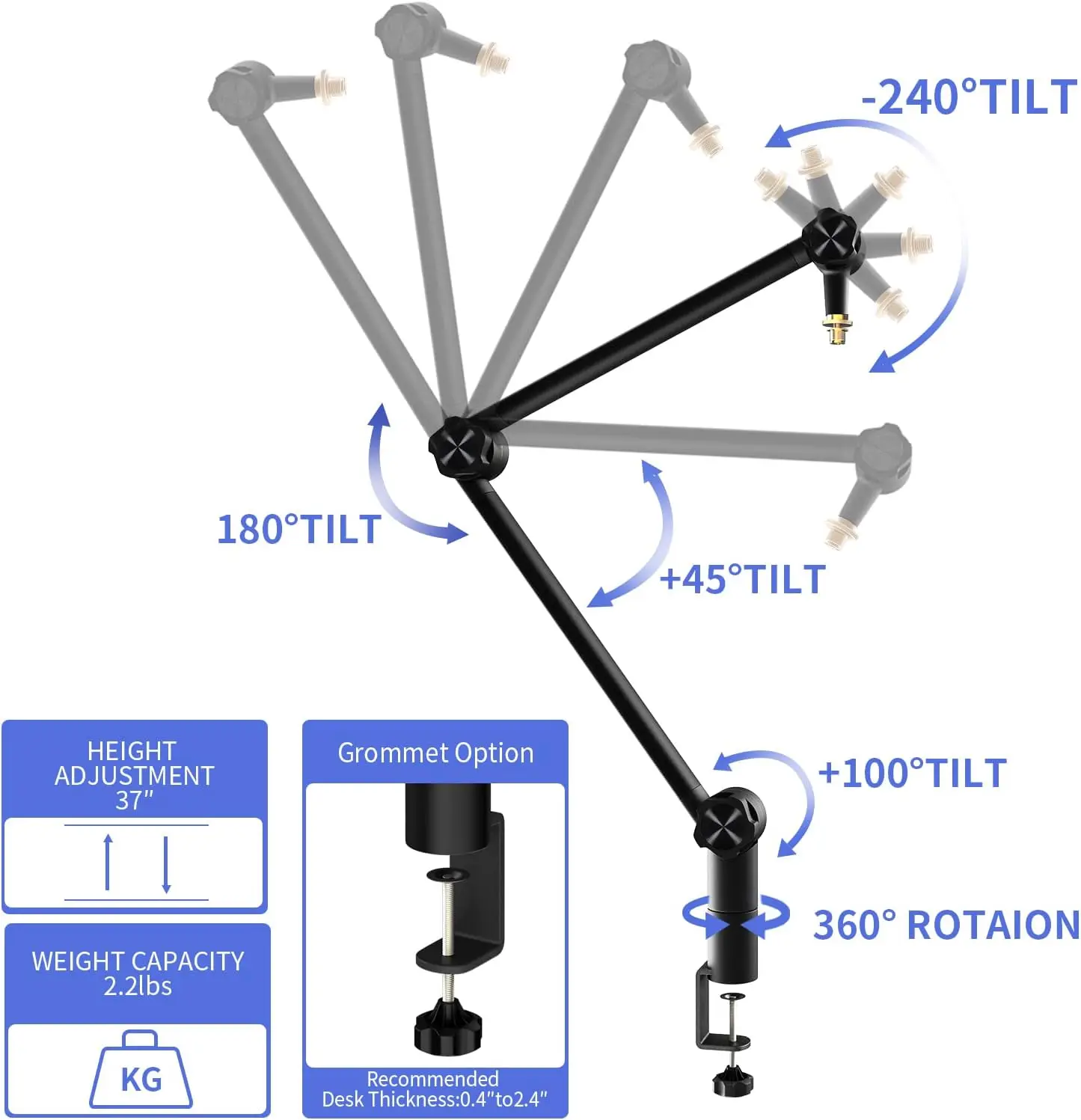 Microphone Boom Arm, Sturdy Stable Adjustable 360° Mike Arm Mic Boom Arm Stand for YouTube Broadcasting Equipment