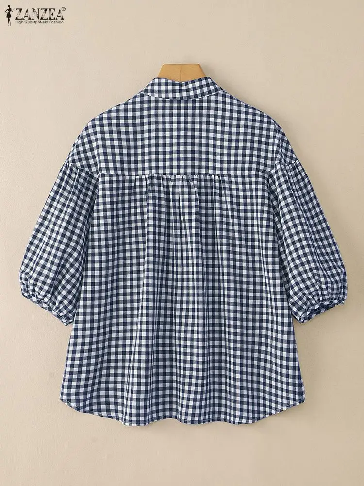 2025年ファッションサマーハーフスリーブシャツ ZANZEA レディース チェック柄ブラウス カジュアルボタンアップトップス ラペルネックブラウス ヴィンテージシャツ