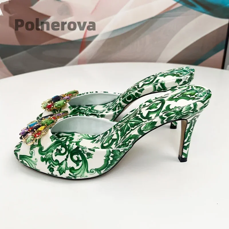High Heeled Prints Jewel Slippers for Women Bohemian Colorful Crystal Open-Toe Stiletto Blue Green Summer Vacation Shoes view 6